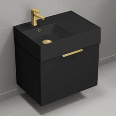 24 inch Single Floating Bathroom Vanity With Black Ceramic Sink Top - Small, Modern, Matte Black